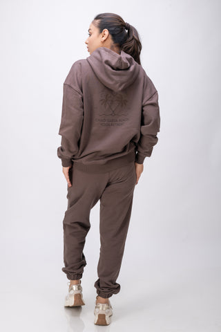 Organic Cotton Chunky Knit Relaxed Fit Slogan Hoodie - CHOCOLATE BROWN