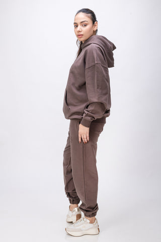 Organic Cotton Chunky Knit Relaxed Fit Slogan Hoodie - CHOCOLATE BROWN