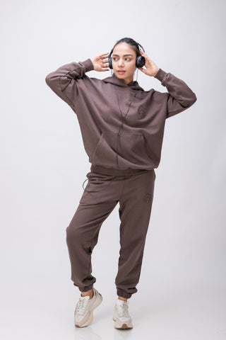 Organic Cotton Chunky Knit Relaxed Fit Slogan Hoodie - CHOCOLATE BROWN